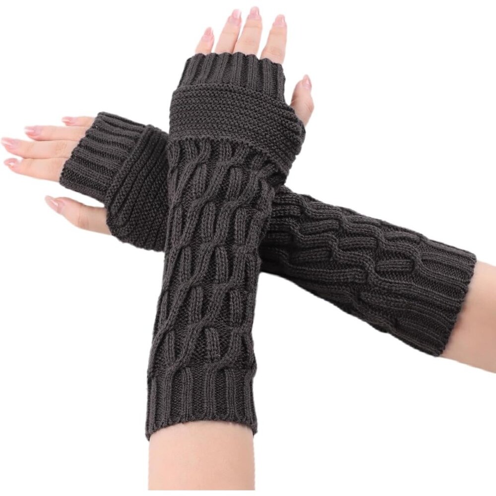 Women's Gray Thumb Hole Warm Arm Sleeves Fingerless Knit Wrist Mittens Gloves